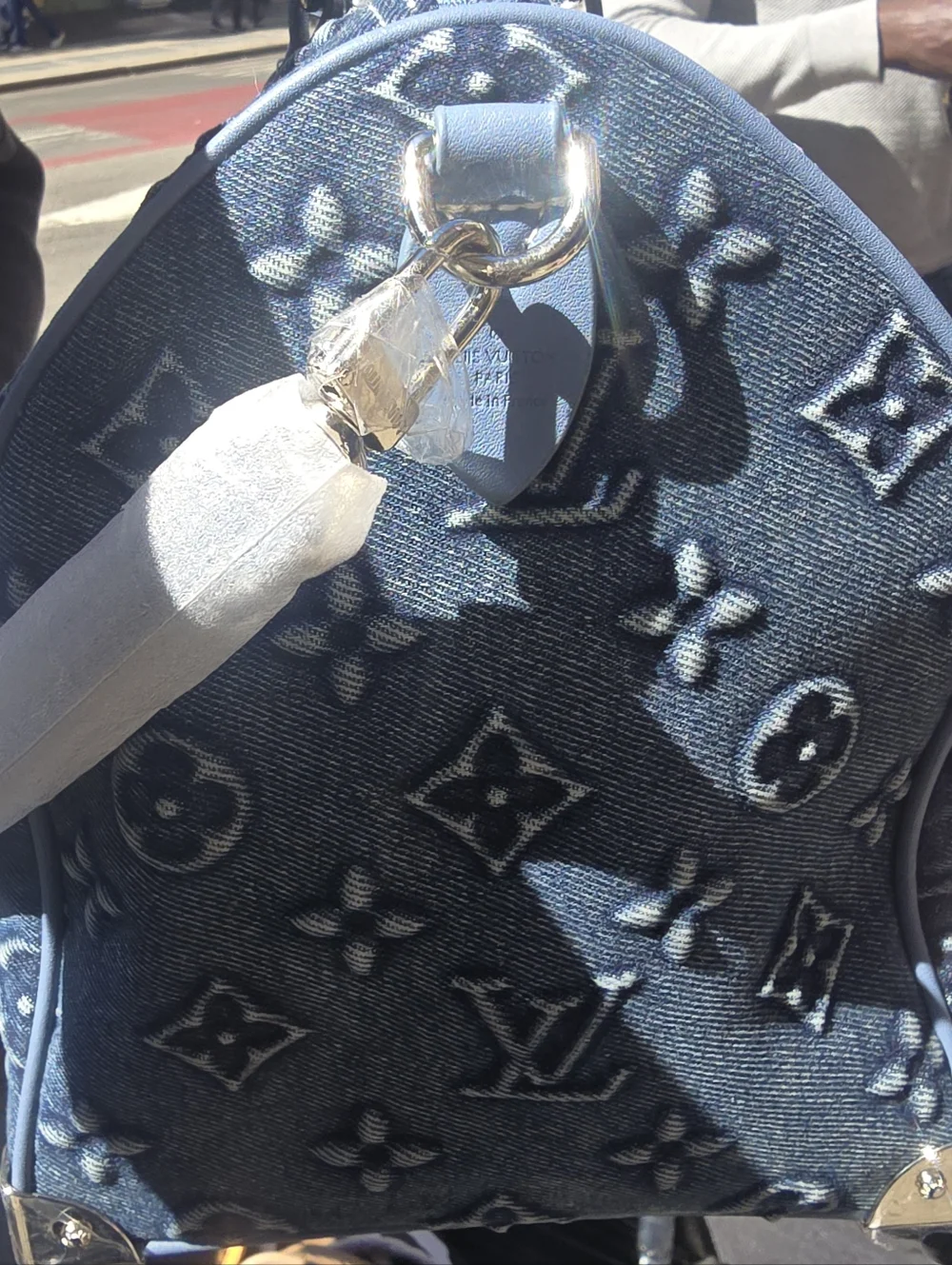 Cotton Denim Deluxe Monogram 30 Pillow Large Tote with Light Blue Leather Trim - Picture 4 of 16